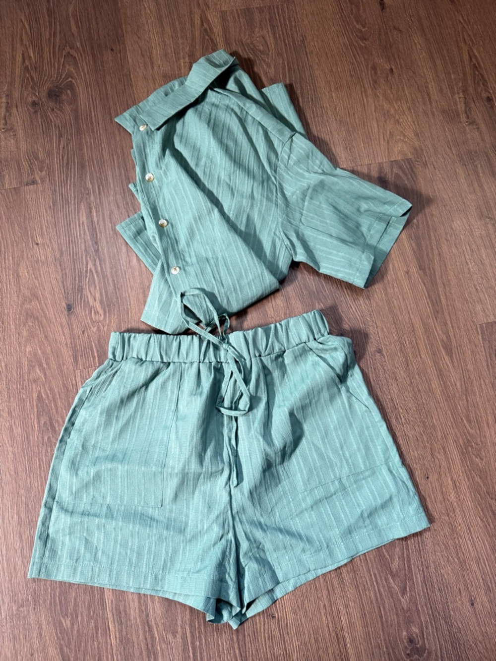 SHEIN Light Green High-Waist Tie-Front Shorts and Button Down Shirt set